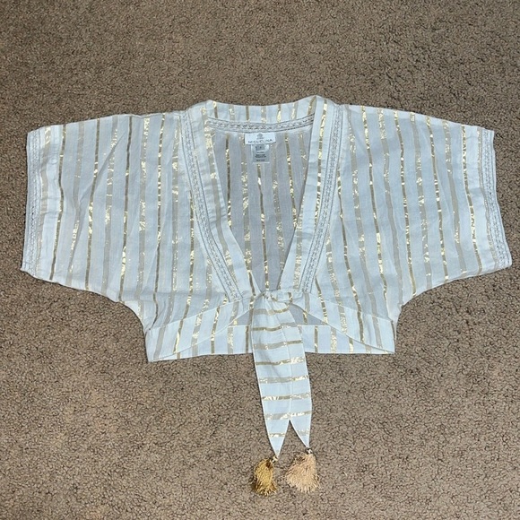 Miguelina Saanchi Cropped Striped Metallic Cotton Gauze Tie Front Tassel Top‎ S - Picture 5 of 11